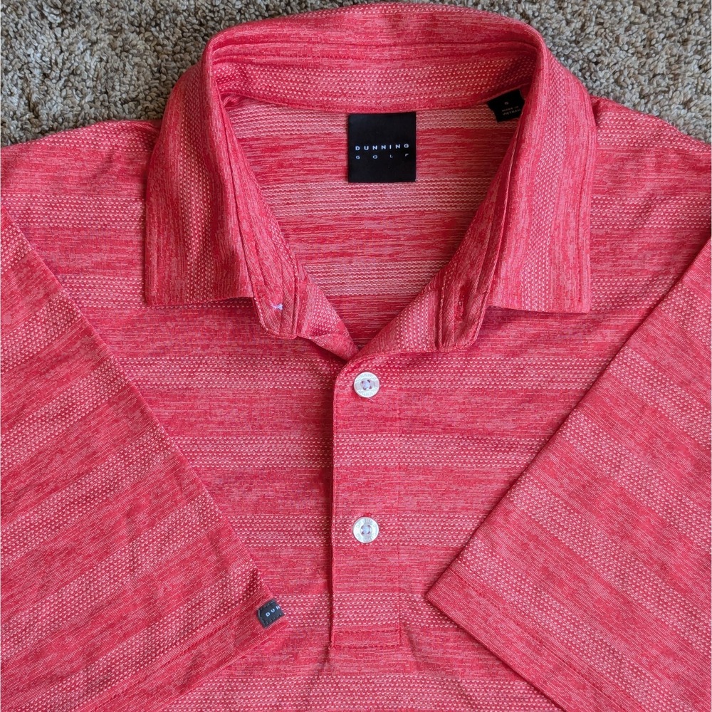 Dunning Golf Mens SMALL Polo Shirt Red Coral Striped Short Sleeve Stretch EUC